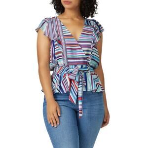 Parker XS Huntington Blouse Peplum Blue Stripes Faux Wrap Ruffled Flutter Sleeve